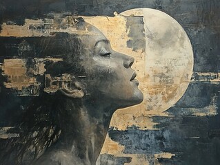 Canvas Print - Woman Gazing at the Moon: A Mystical Portrait in Gold and Shadow