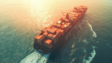 Large cargo ship with stacked freight containers, en route for international shipping. A symbol of global commerce without logos.