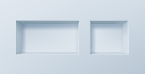Blue 3d wall niches, empty rectangle shelves, showcase or display stand, vector interior design. Realistic niches or shelves in wall for product display, gallery exhibition, studio, showroom interior
