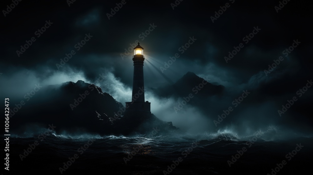 A solitary lighthouse stands out against a tumultuous sea, its beacon ...