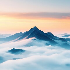 Poster - A breathtaking view of a mountain peak rising above the clouds during sunrise. The soft colors of dawn create a serene and tranquil atmosphere in nature.