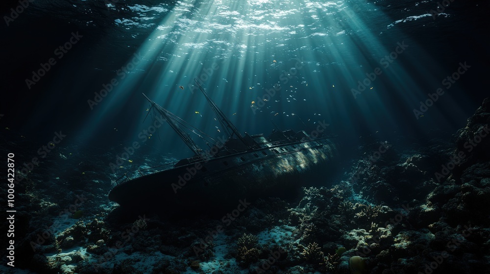 A mysterious sunken ship rests on the ocean floor, surrounded by coral ...