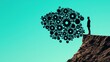 © Exnoi - A human silhouette standing on one side of a gap with scattered, incomplete gears in the middle, reaching towards a fully formed gear across the divide, signifying skill gap analysis