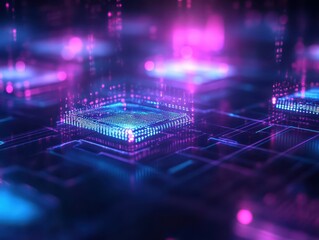 Abstract digital technology background with glowing circuit and microchips.