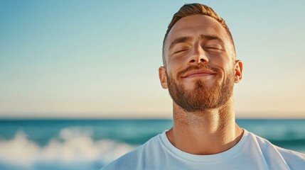 a man practices mindful breathing on a beach, taking deep, slow breaths as the waves crash softly ne