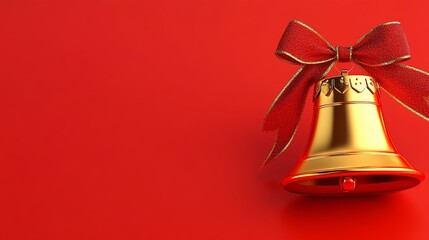 A golden bell with a red ribbon is on a red background