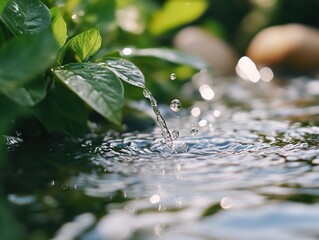 Wall Mural - Water Drops Splashing in a Pond with Green Leaves