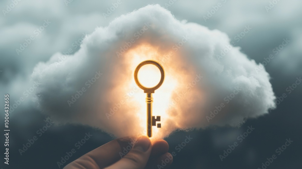 A person holding a glowing golden key that unlocks a floating door made ...