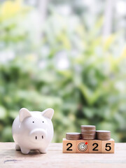 Wall Mural - Piggy bank, Wooden block with number 2025 and stack of coins. The concept of saving money, Financial, Investment and Business growing in year 2025.