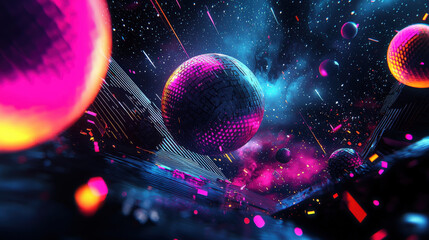 A vibrant digital artwork featuring abstract 3D spheres in cosmic setting, illuminated by neon colors and dynamic light effects. scene evokes sense of wonder and exploration