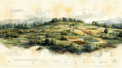 Poster - Watercolor Landscape of Rolling Hills and Meadows