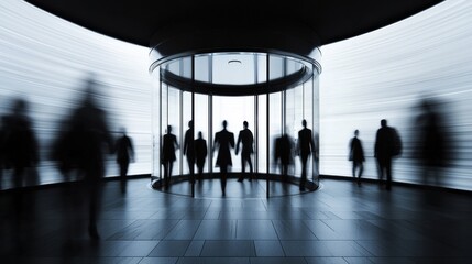 a revolving door with silhouettes of people constantly entering and exiting, employee turnover in a 