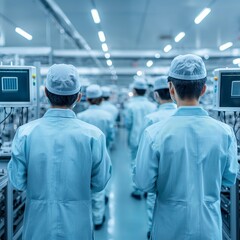 Workers in cleanroom attire monitoring technology in a modern manufacturing facility