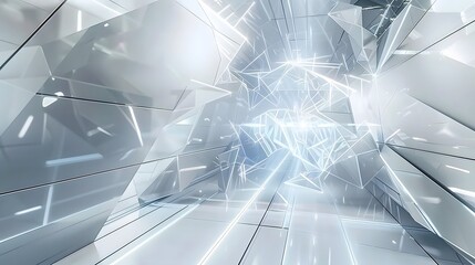 A futuristic, abstract white corridor with geometric shapes and glowing lines.