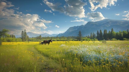 Wall Mural - Horse and Cart in a Mountain Meadow