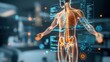 © bajita111122 - 3D rendering of a human body with highlighted fat cells, holographic, futuristic, glowing orange and blue tones, focused on medical data and AI-assisted health analysis.
