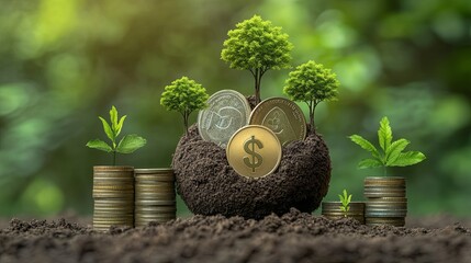 Wall Mural - A pile of coins in the shape of a dollar sign with small plants growing from the top, surrounded by stacks of coins and other plants growing in soil against a blurred green background.