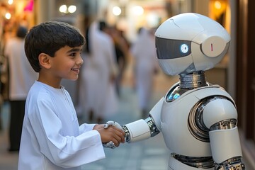 A young boy in a white robe shakes hands with a humanoid robot in a bustling market.
