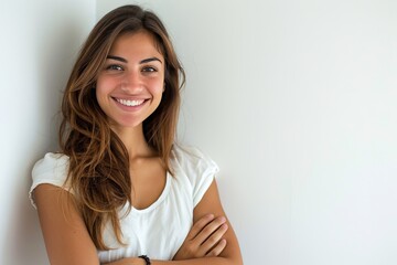 Wall Mural - Young woman with a bright smile and arms crossed, posing against a white background , background blur