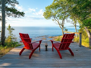 Poster - Tranquil Ocean View with Red Chairs on a Wooden Deck