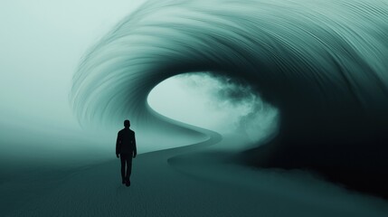 Wall Mural - action conquers fear: a person walking through a fog of swirling shadows and fears, but as they walk
