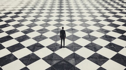 Wall Mural - adapting to market change: a business figure standing on a shifting, abstract chessboard, each squar