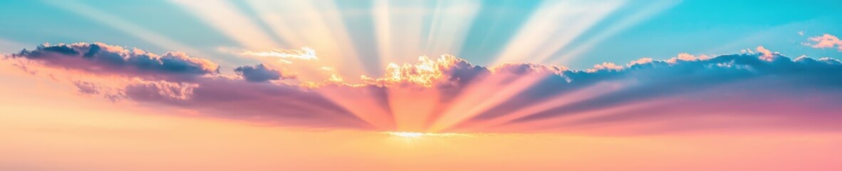 Poster - A stunning sunrise with vibrant rays shining through colorful clouds, creating a serene and uplifting atmosphere for the start of a new day.