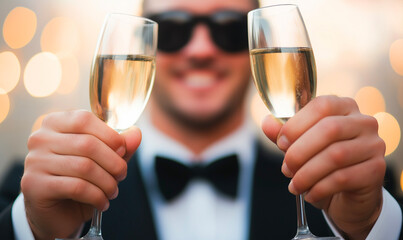 Smiling man in tuxedo and sunglasses holding two champagne glasses, celebrating in a festive atmosphere with sparkling lights