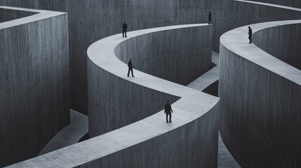 Wall Mural - an abstract maze made of tall concrete walls, with individuals wandering alone in separate paths, re