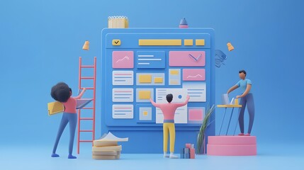 Web UI UX Design Teamwork concept 3D illustration. Team People Building Creating website User interface Front view. 