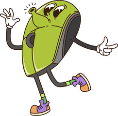 Leinwandbilder - Groovy computer mouse, retro cartoon character with funny face, vector funky comic. Groovy freaky PC computer or laptop mouse with happy funny smile and whistling melody on positive vibes for emoji