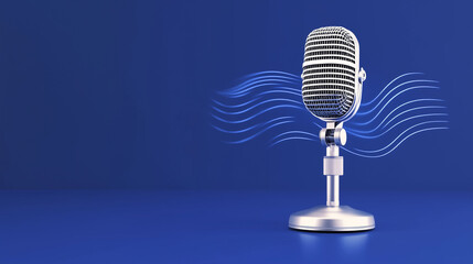 Transform your podcast visuals with an eye-catching banner featuring a microphone and fluid waveform against a rich blue canvas