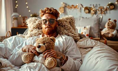 Canvas Print - A man lounges comfortably with his teddy bear, enveloped in plush blankets while enjoying a serene atmosphere filled with soft lighting and gentle decorations