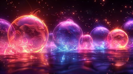 Wall Mural - Glowing soap bubbles against starry sky 3d rendering image. Vibrant clear spheres creating dreamy atmosphere background wallpaper colorful realistic. Imagination concept idea