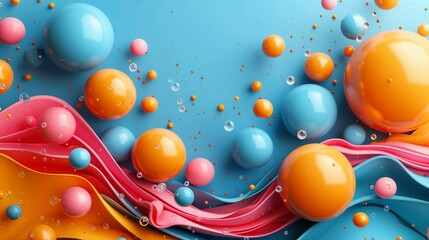 Wall Mural - Glossy bubbles, water drops and paint fluid 3d rendering image. Vivid balls with curved flow composition background wallpaper colorful realistic. Fantasy scene concept idea