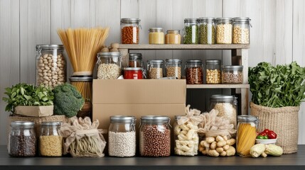 An antique cardboard box sits among jars filled with dried beans and pasta, with vegetable cans and jute bags of supplies on a rustic wooden background, showcasing sustainable food storage