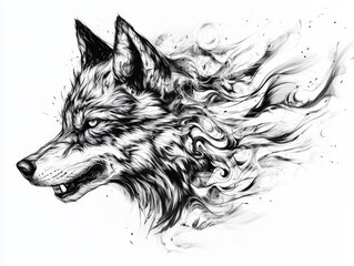  A striking illustration of wolfs head, featuring intricate tribal flames and sharp features, capturing sense of wildness and power. dynamic lines evoke movement and energy