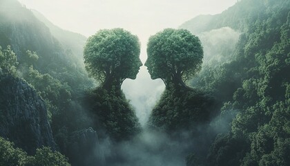 two trees in the shape of human faces gazing at each other in a misty valley.