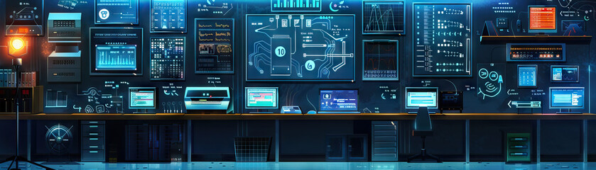Computer Lab Wall: Displaying computer hardware diagrams, coding instructions, and a board with computer lab rules