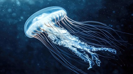 A bioluminescent jellyfish, glowing white, drifts in the deep blue sea, its transparent body casting a magical glow as its tentacles dance softly in the water.