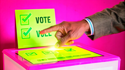 Holographic Hand Casting Digital Vote Concept: Medium Shot of Glowing Ballot Insertion in Futuristic Voting Interface � Engaging Voter Interaction in Photo Stock