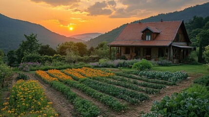 Poster - Sunset over a Rural Home and Garden