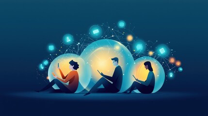 Fading Social Presence: A group of people sitting together, but each person is enclosed in a glowing, isolated bubble with a phone inside