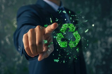 Businessman pointing at green recycle symbol or sign with his finger on digital display screen. Ecology and environment conservation and sustainability concept. Corporate company management