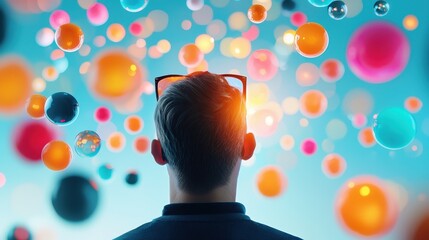 Wall Mural - floating lights of character: small glowing orbs surrounding a person, each orb representing a diffe