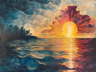 Canvas Print - Golden Sunset Over the Ocean: A Dramatic Landscape Painting