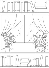 window bookshelf minimal style coloring book page