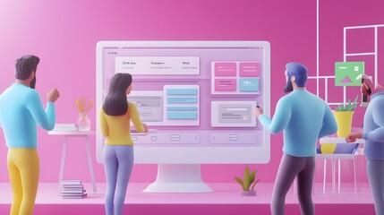 Web UI UX Design Teamwork concept 3D illustration. Team People Building Creating website User interface Front view. 