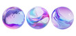 © AImg - Three abstract gradient spheres with fluid design transparent image. Purple and blue hues orbs isolated cutouts 3d render. Iridescent glossy balls cut out cliparts design elements png