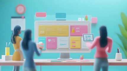 Web UI UX Design Teamwork concept 3D illustration. Team People Building Creating website User interface Front view. 